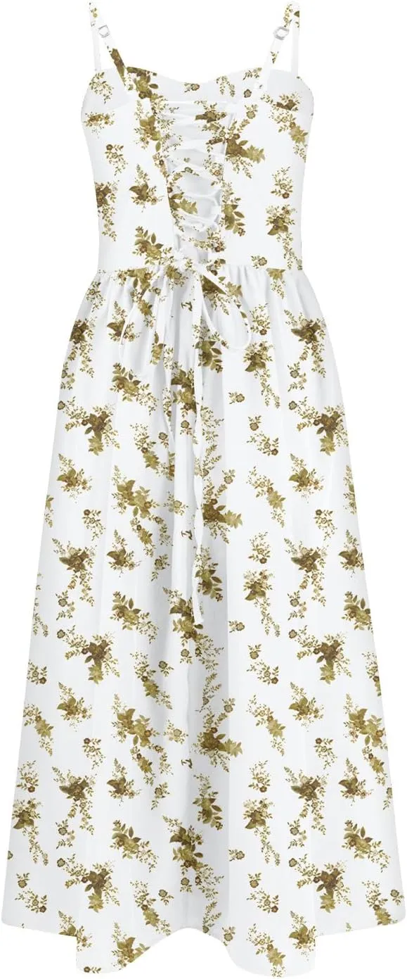 Summer Dresses for Women 2025 Formal Spaghetti Strap Bustier Midi Flowy Pleated Hem Corset Sundress with Pockets