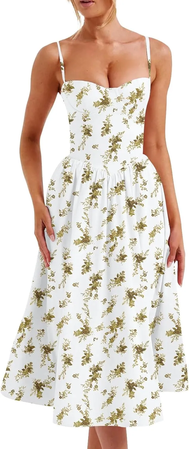 Summer Dresses for Women 2025 Formal Spaghetti Strap Bustier Midi Flowy Pleated Hem Corset Sundress with Pockets