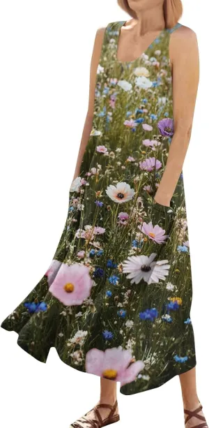 Summer Dresses for Women 2025 Linen Plus Size Tank Sundresses Beach Vacation Sleeveless Floral Dress with Pockets