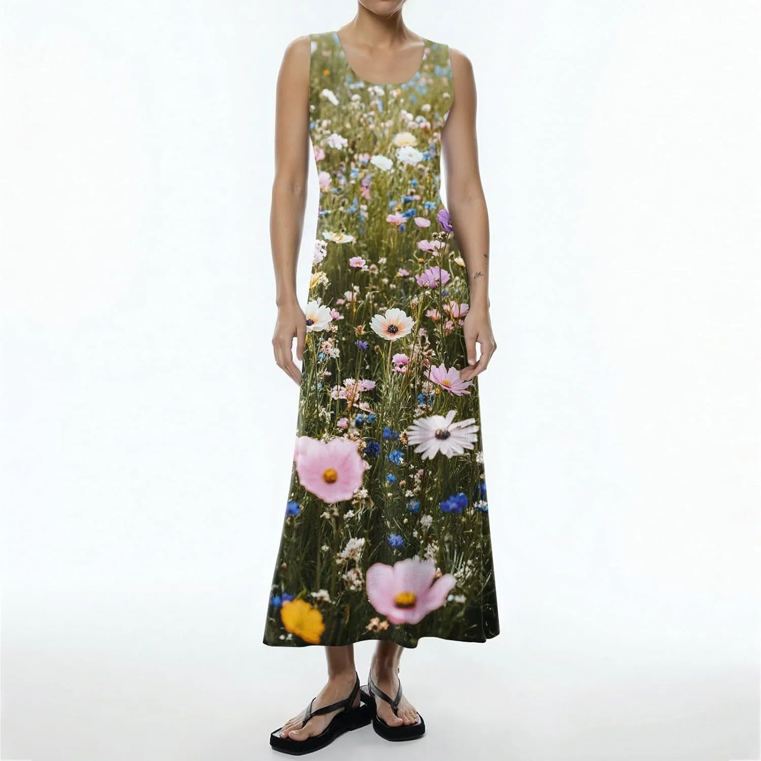 Summer Dresses for Women 2025 Linen Plus Size Tank Sundresses Beach Vacation Sleeveless Floral Dress with Pockets