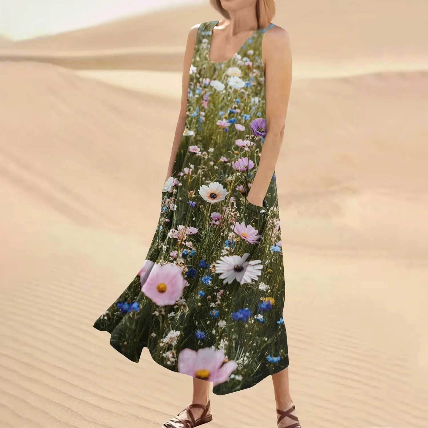 Summer Dresses for Women 2025 Linen Plus Size Tank Sundresses Beach Vacation Sleeveless Floral Dress with Pockets