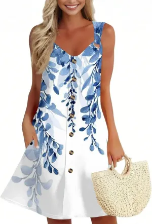 Summer Dresses for Women 2025 Loose Fit Sundress Sleeveless V Neck Beach Vacation Dress Casual Tank Dress with Pockets