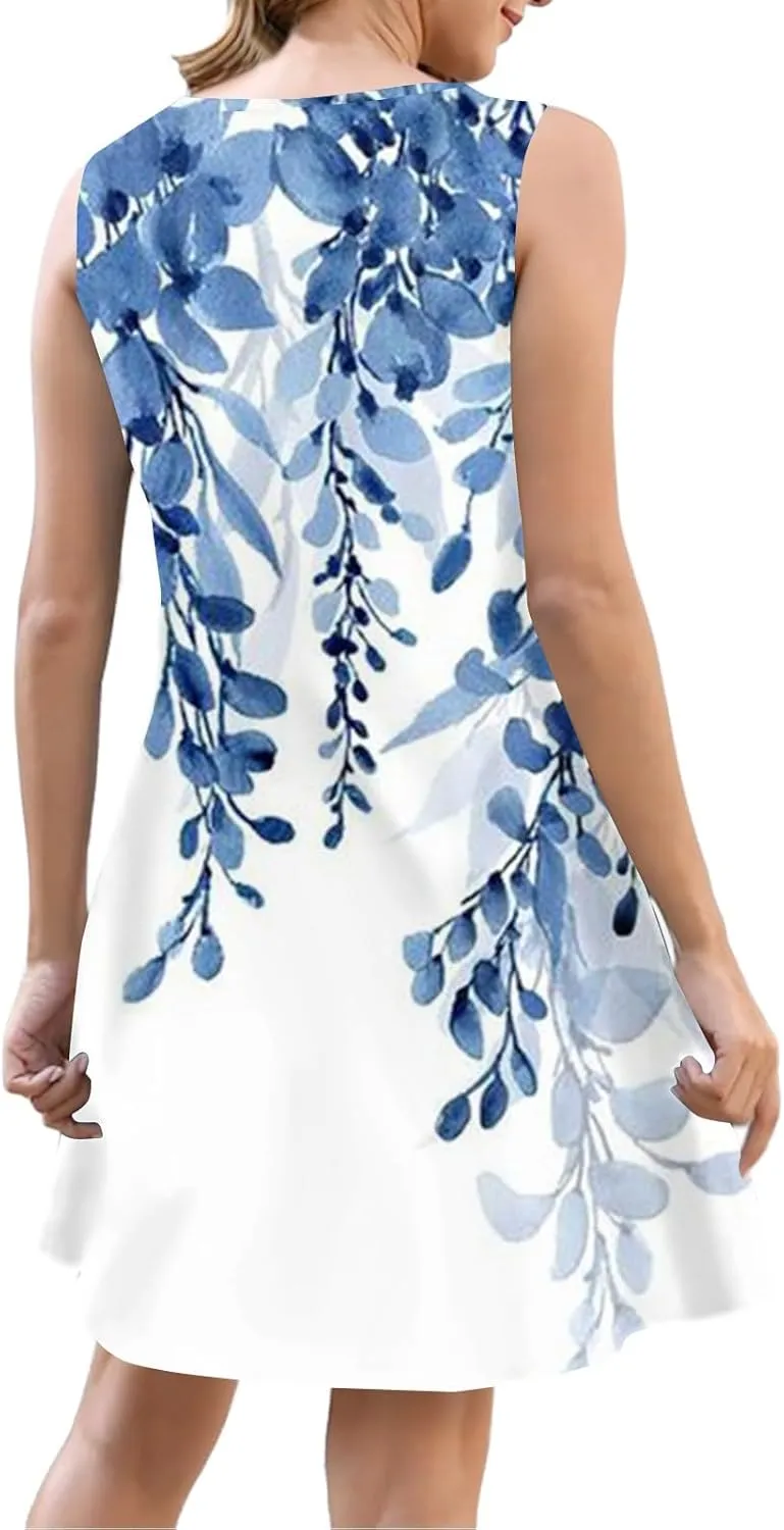 Summer Dresses for Women 2025 Loose Fit Sundress Sleeveless V Neck Beach Vacation Dress Casual Tank Dress with Pockets