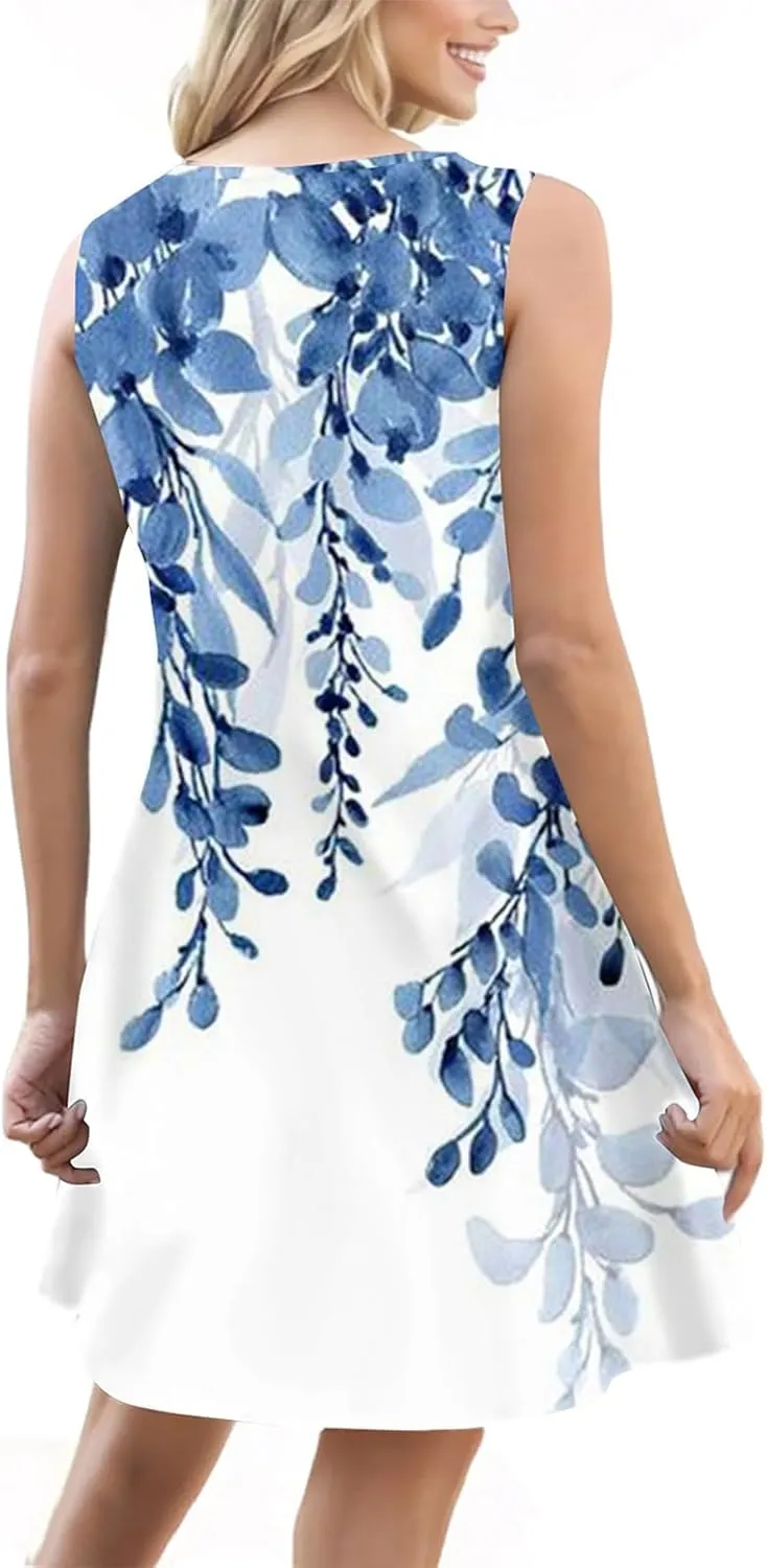 Summer Dresses for Women 2025 Loose Fit Sundress Sleeveless V Neck Beach Vacation Dress Casual Tank Dress with Pockets