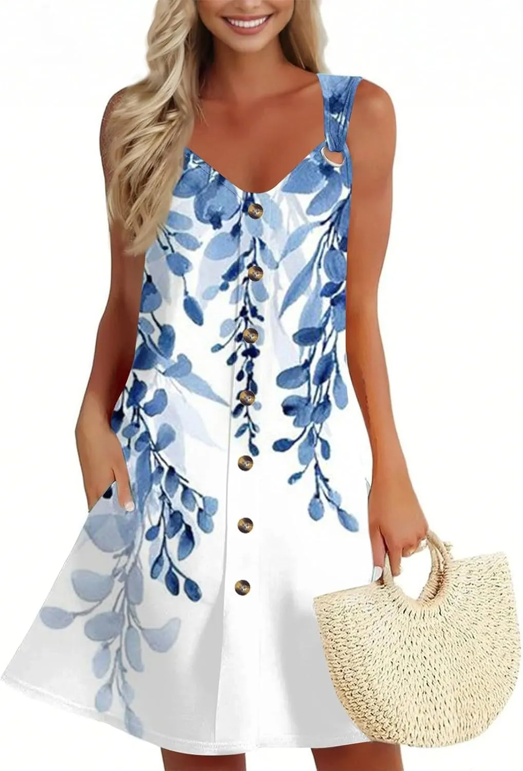 Summer Dresses for Women 2025 Loose Fit Sundress Sleeveless V Neck Beach Vacation Dress Casual Tank Dress with Pockets