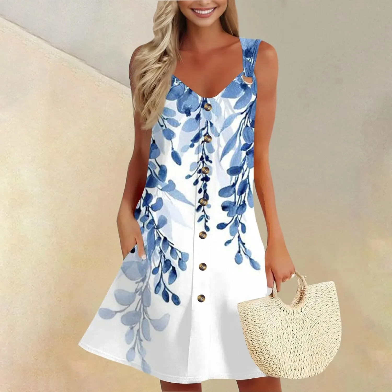 Summer Dresses for Women 2025 Loose Fit Sundress Sleeveless V Neck Beach Vacation Dress Casual Tank Dress with Pockets
