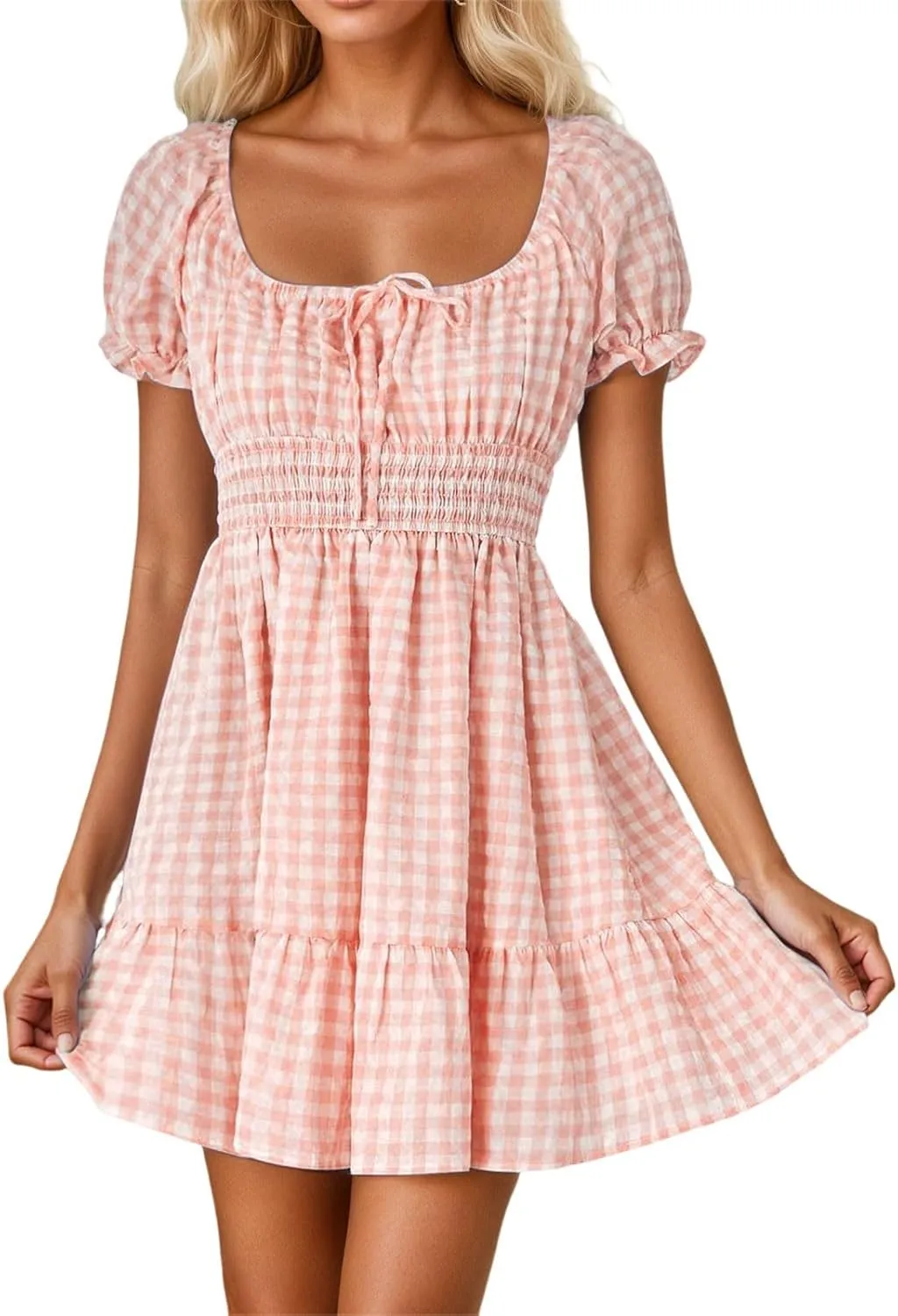 Summer Dresses for Women 2025 Puff Short Sleeve Plaid Mini Dress Square Neck Ruffle Vacation A Line Swing Sundress