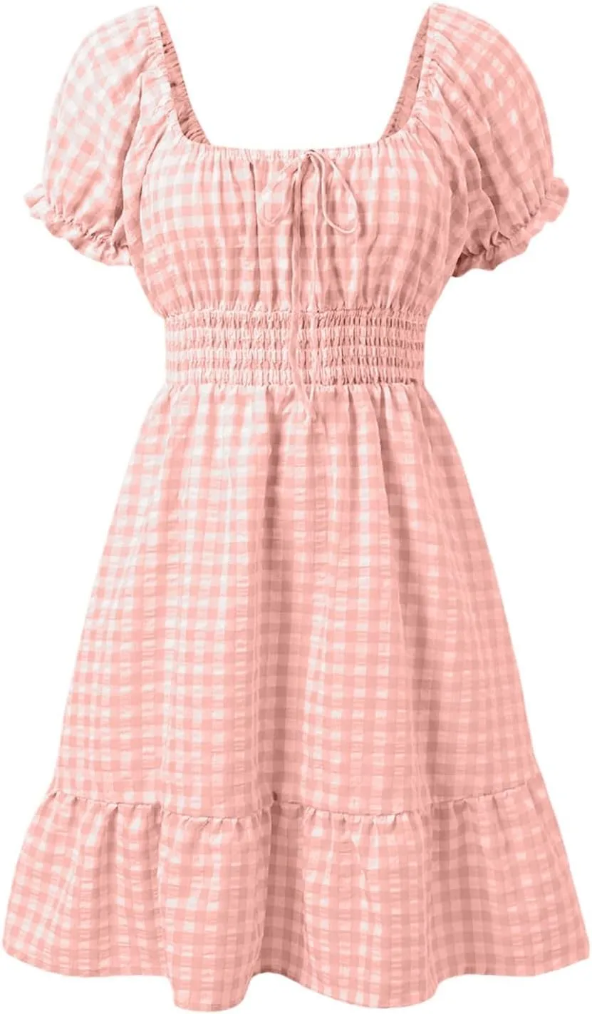 Summer Dresses for Women 2025 Puff Short Sleeve Plaid Mini Dress Square Neck Ruffle Vacation A Line Swing Sundress