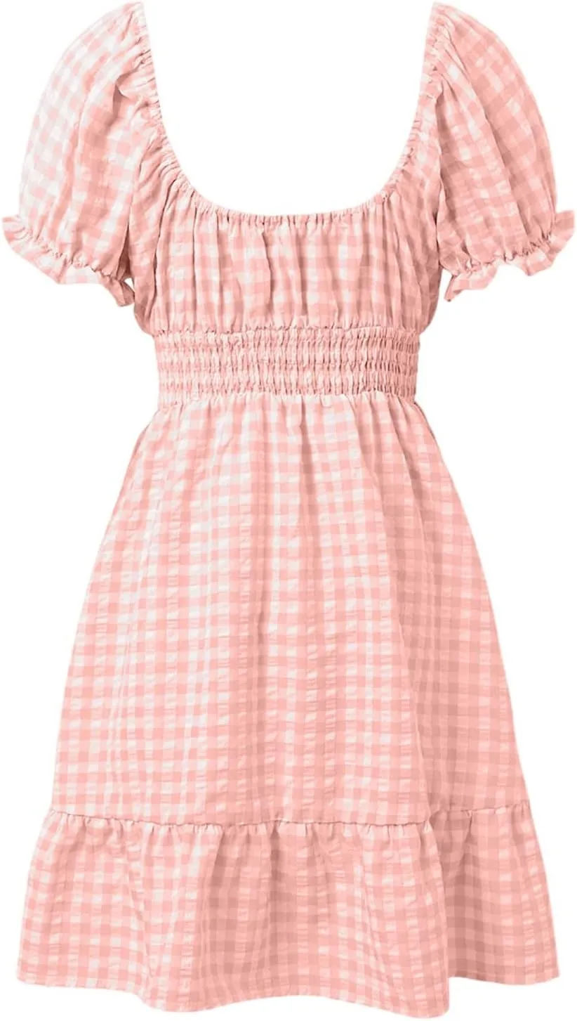 Summer Dresses for Women 2025 Puff Short Sleeve Plaid Mini Dress Square Neck Ruffle Vacation A Line Swing Sundress