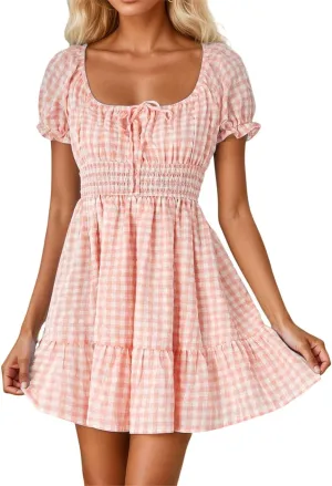 Summer Dresses for Women 2025 Puff Short Sleeve Plaid Mini Dress Square Neck Ruffle Vacation A Line Swing Sundress