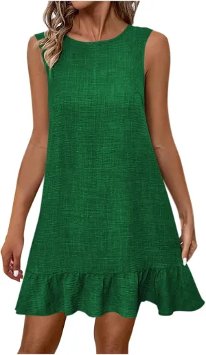 Summer Dresses for Women Ruffle Hem Sleeveless Tank Dress Round Neck Casual Smock Spring Mini Dresses