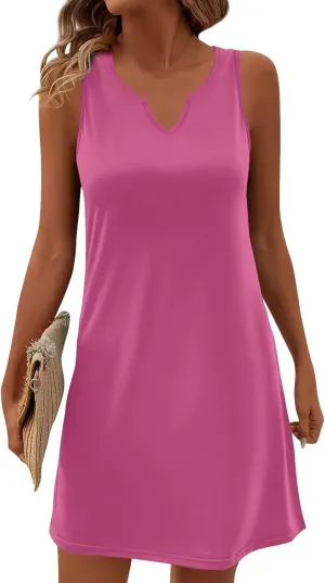 Summer Dresses for Women V-Neck Sundresses Sleeveless Loose Sleep Dress Beach Tank Dress Printed Casual T Shirt Dresses