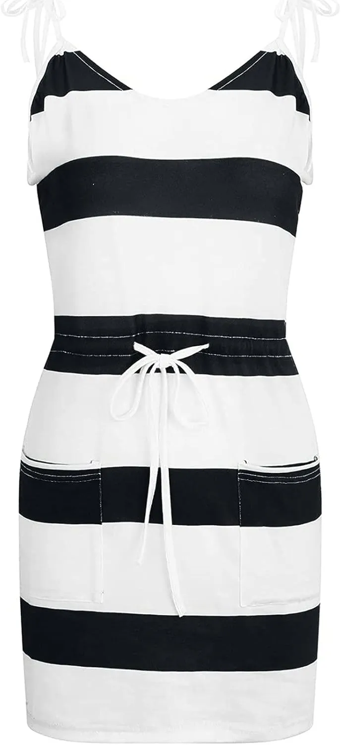 Summer Dresses for Women,Trendy Striped Sleeveless Halter Strap Beach Mini Sundresses Boho Flowy Dress with Pockets