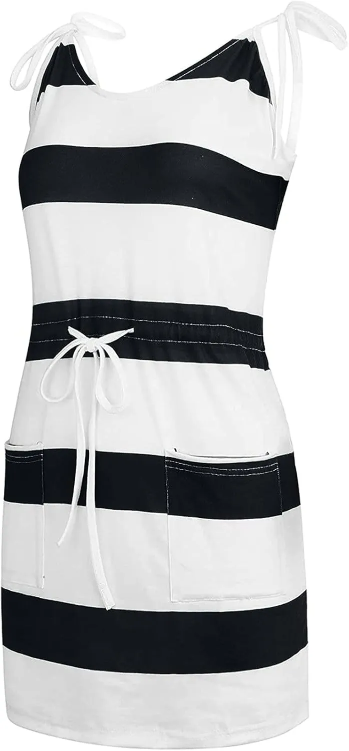 Summer Dresses for Women,Trendy Striped Sleeveless Halter Strap Beach Mini Sundresses Boho Flowy Dress with Pockets