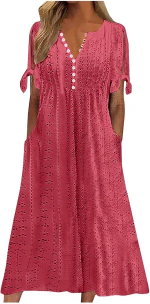 Summer Eyelet Dresses for Women 2025 Trendy Short Sleeve Long Maxi Dress Casual Button V Neck Beach Sundresses