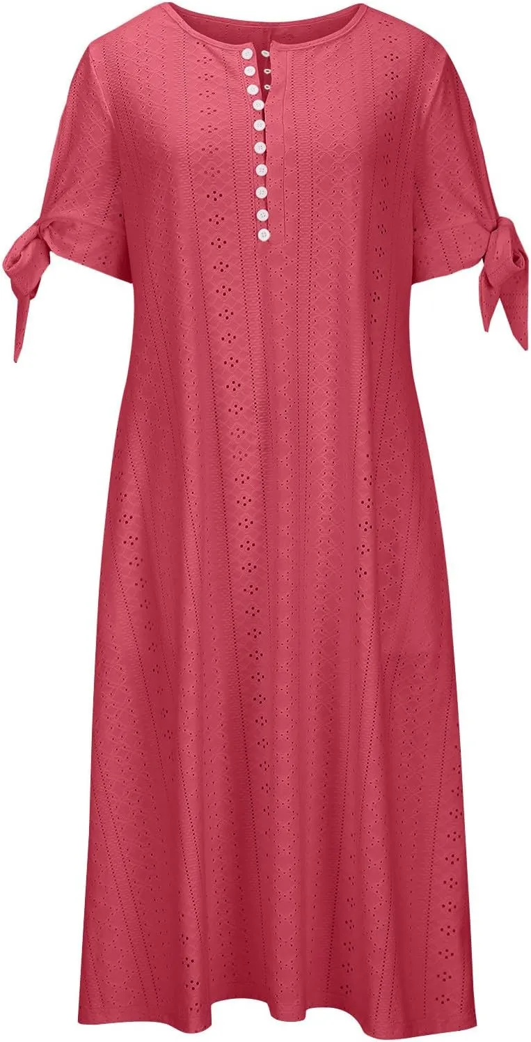 Summer Eyelet Dresses for Women 2025 Trendy Short Sleeve Long Maxi Dress Casual Button V Neck Beach Sundresses