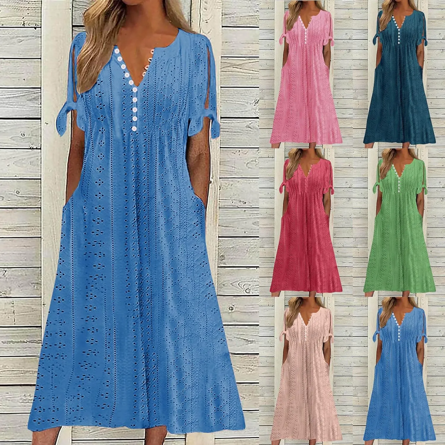 Summer Eyelet Dresses for Women 2025 Trendy Short Sleeve Long Maxi Dress Casual Button V Neck Beach Sundresses