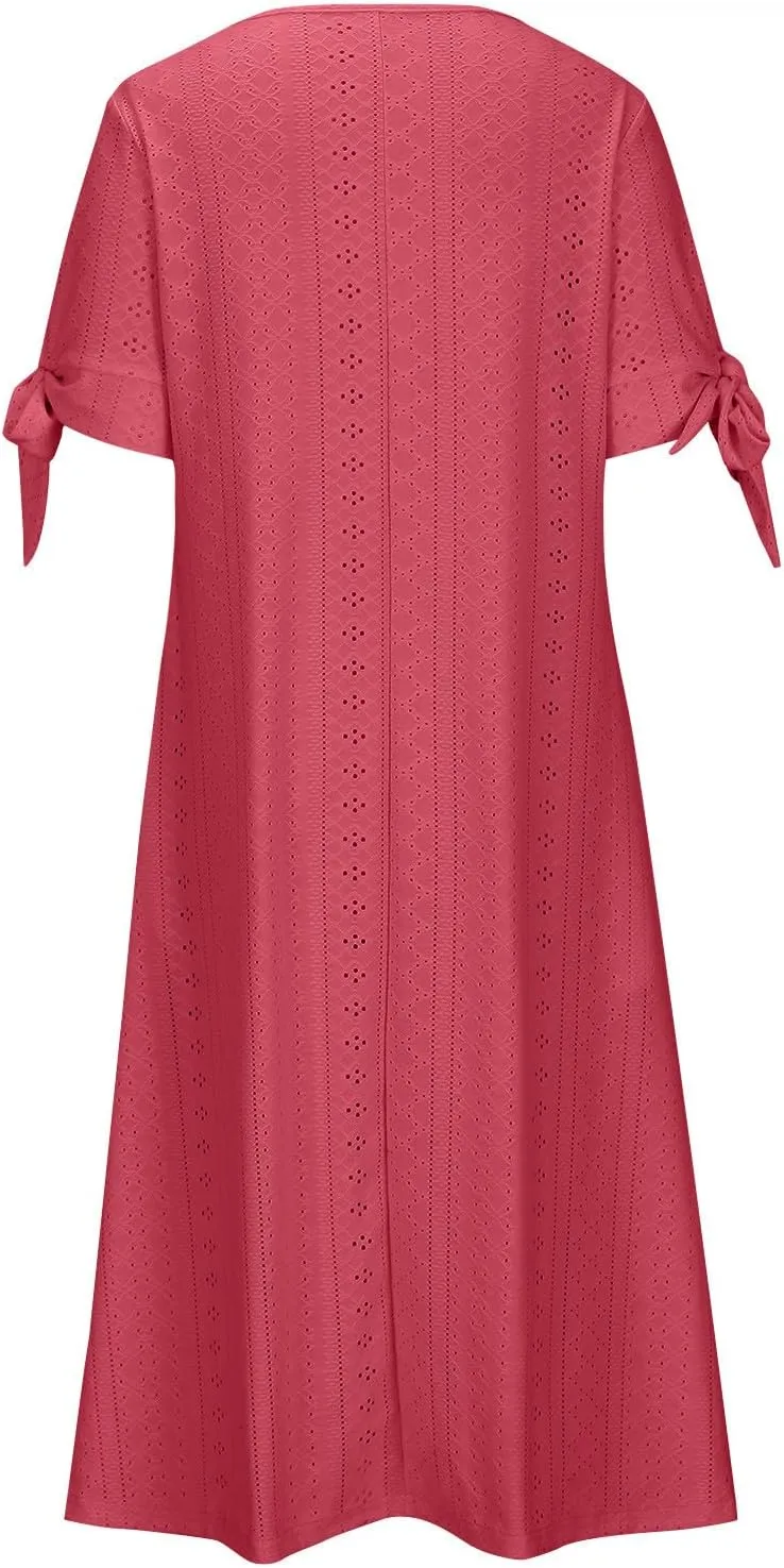Summer Eyelet Dresses for Women 2025 Trendy Short Sleeve Long Maxi Dress Casual Button V Neck Beach Sundresses
