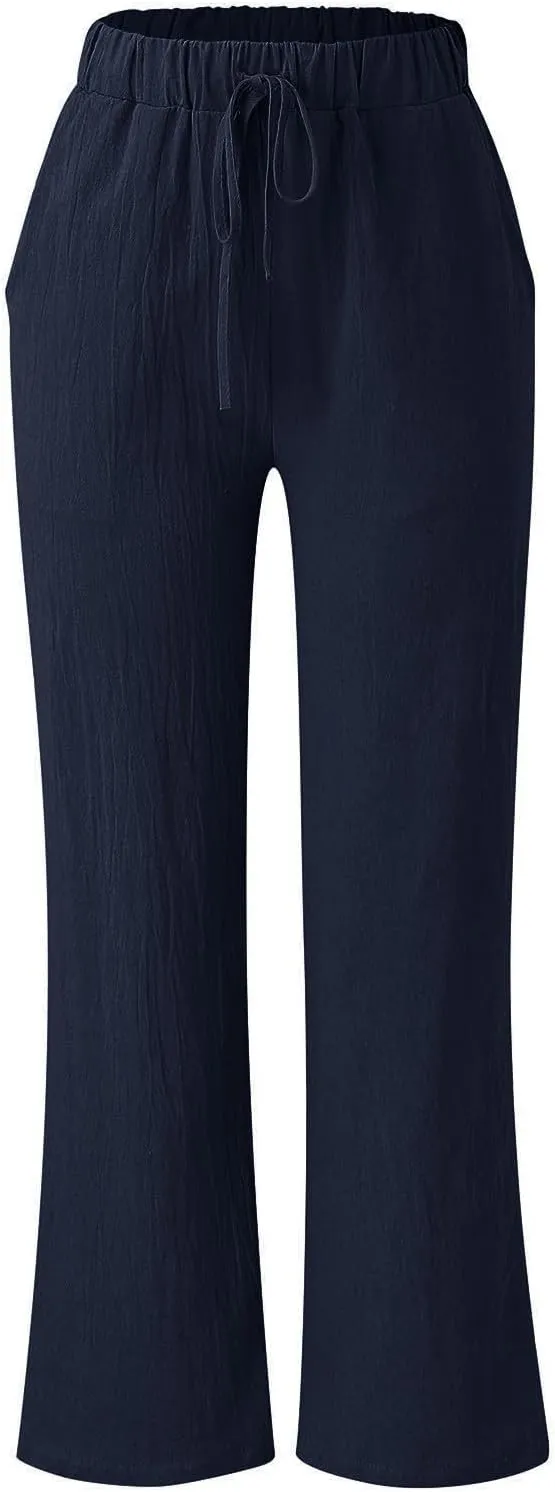 Summer Linen Pants for Women Solid Color Wide Leg Drawstring Trousers Loose Fit Fashion Casual Lounge Pants with Pockets