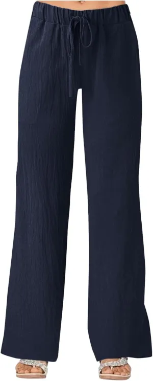 Summer Linen Pants for Women Solid Color Wide Leg Drawstring Trousers Loose Fit Fashion Casual Lounge Pants with Pockets