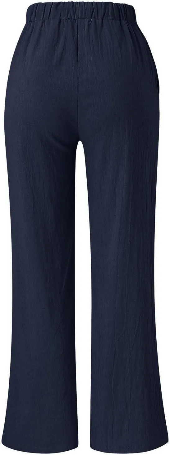 Summer Linen Pants for Women Solid Color Wide Leg Drawstring Trousers Loose Fit Fashion Casual Lounge Pants with Pockets