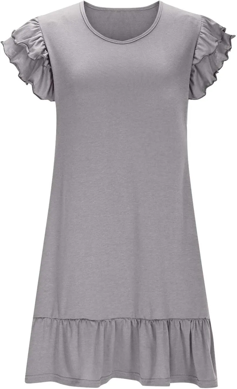Summer Ruffle Hem Mini Dress for Women Layered Frill Cap Sleeve Tunic Dresses Casual Comfy Crewneck T-Shirt Dress
