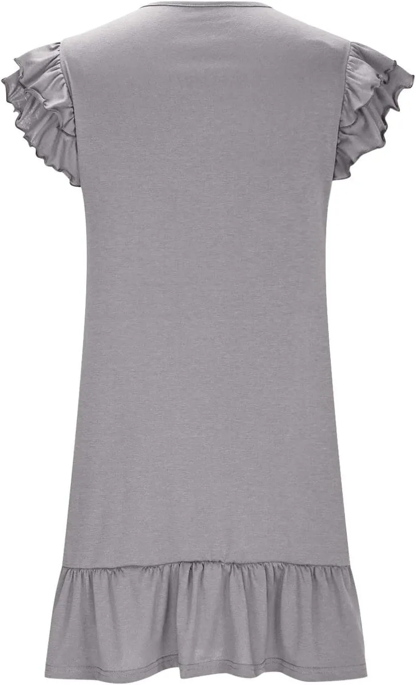 Summer Ruffle Hem Mini Dress for Women Layered Frill Cap Sleeve Tunic Dresses Casual Comfy Crewneck T-Shirt Dress