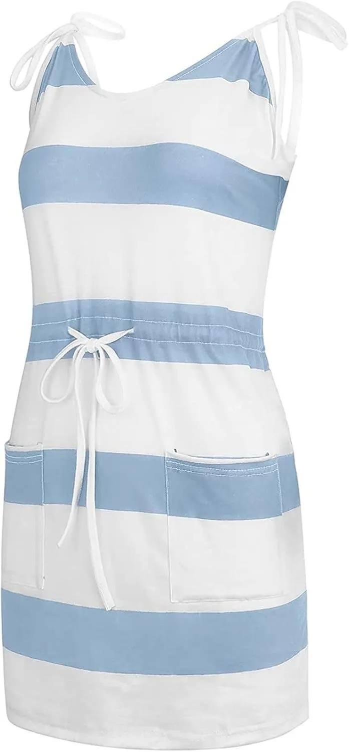 Summer Sundresses Halter Vacation Women Summer Casual Striped Dress Sleeveless Halter Strap Flowy Boho with Pockets