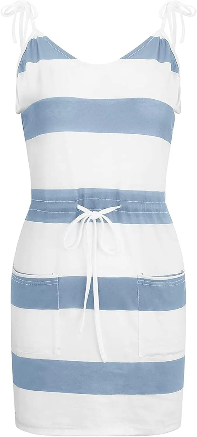 Summer Sundresses Halter Vacation Women Summer Casual Striped Dress Sleeveless Halter Strap Flowy Boho with Pockets