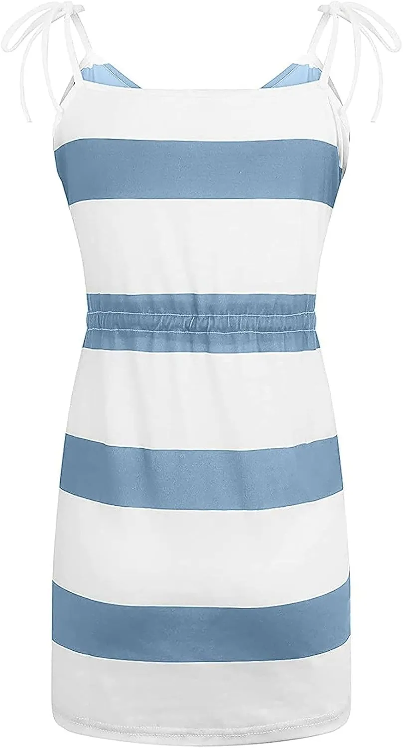 Summer Sundresses Halter Vacation Women Summer Casual Striped Dress Sleeveless Halter Strap Flowy Boho with Pockets