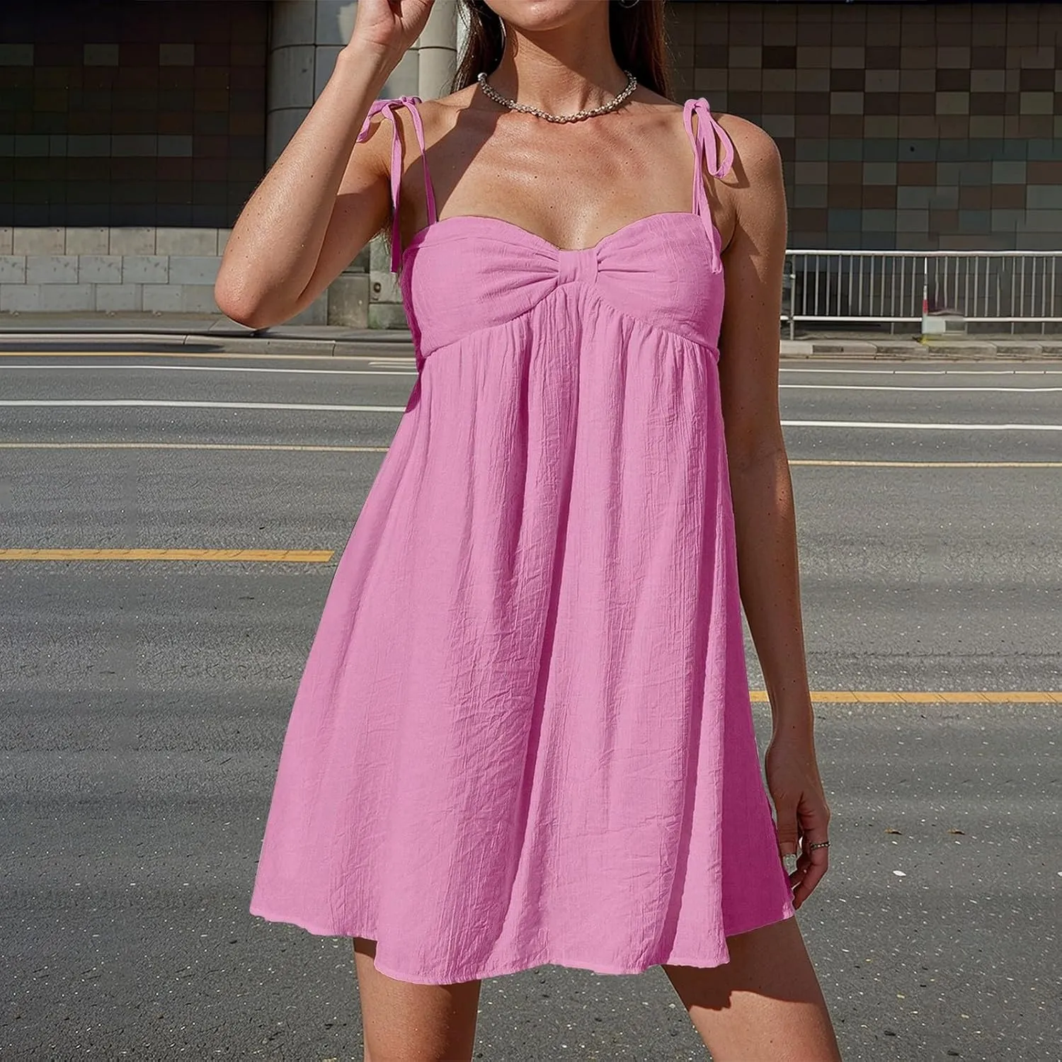 Sun Dresses for Women 2025 Mini Loose Spaghetti Strap Bow Babydoll Dress Casual Summer Vacation Flowy Beach Sundress