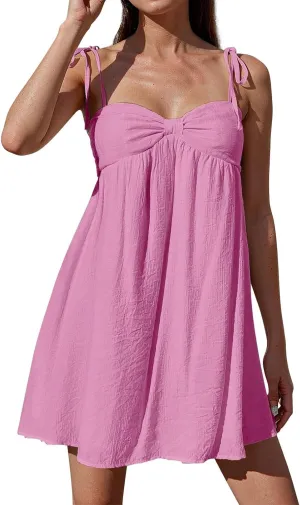 Sun Dresses for Women 2025 Mini Loose Spaghetti Strap Bow Babydoll Dress Casual Summer Vacation Flowy Beach Sundress