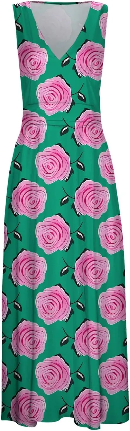 Sun Dresses for Women, Graphic Print Flowy Beach Dress, Spring Summer Casual Elegant Wrap V Neck Sleeveless Maxi Dresses