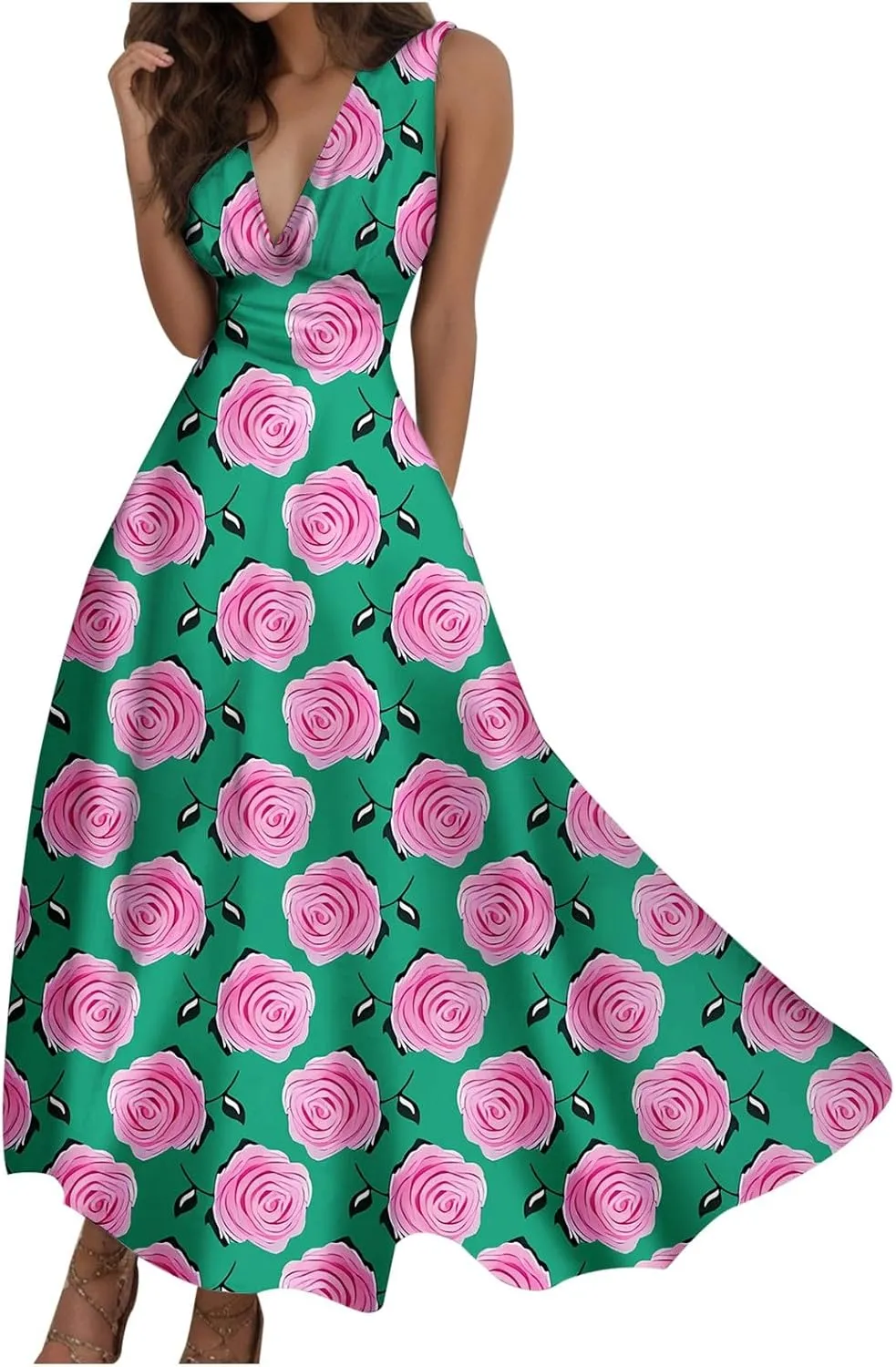 Sun Dresses for Women, Graphic Print Flowy Beach Dress, Spring Summer Casual Elegant Wrap V Neck Sleeveless Maxi Dresses