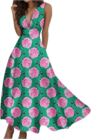 Sun Dresses for Women, Graphic Print Flowy Beach Dress, Spring Summer Casual Elegant Wrap V Neck Sleeveless Maxi Dresses