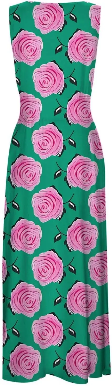 Sun Dresses for Women, Graphic Print Flowy Beach Dress, Spring Summer Casual Elegant Wrap V Neck Sleeveless Maxi Dresses