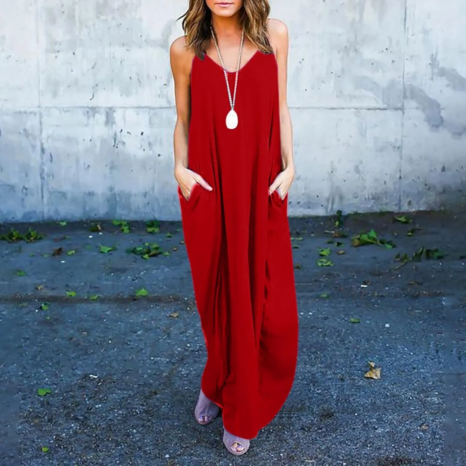 Sun Dresses for Women Strappy V Neck Sleeveless Flowy Deesses Casual Loose Long Maxi Beach Sundress with Pockets