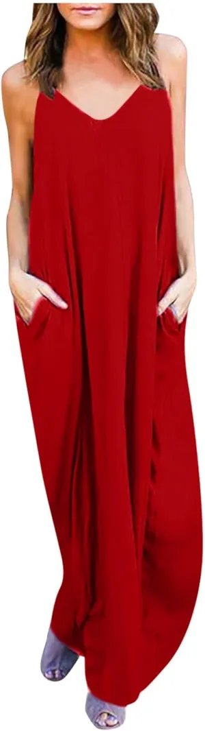 Sun Dresses for Women Strappy V Neck Sleeveless Flowy Deesses Casual Loose Long Maxi Beach Sundress with Pockets