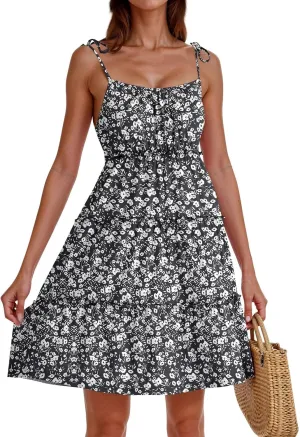 Sundress for Women 2025 Summer Casual Travel Vacation Beach Cover Ups Floral Spaghetti Strap Flowy Cute Mini Dress