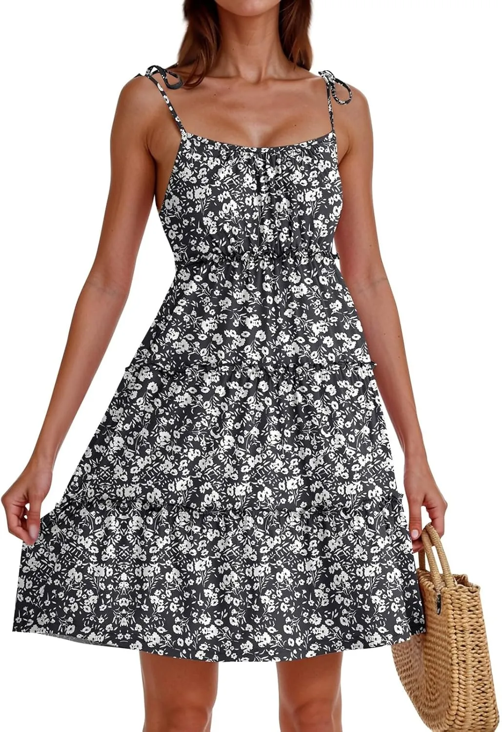 Sundress for Women 2025 Summer Casual Travel Vacation Beach Cover Ups Floral Spaghetti Strap Flowy Cute Mini Dress