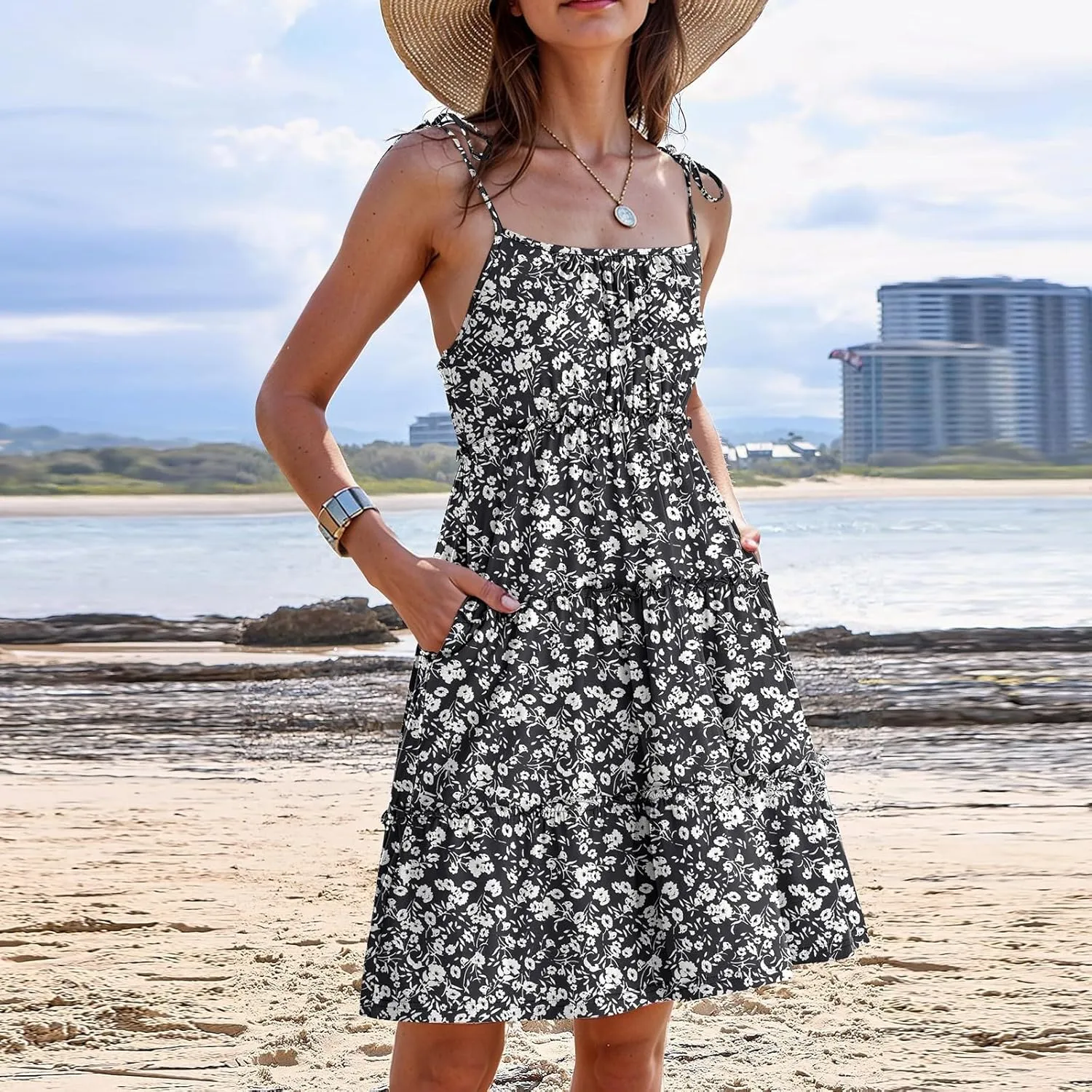 Sundress for Women 2025 Summer Casual Travel Vacation Beach Cover Ups Floral Spaghetti Strap Flowy Cute Mini Dress