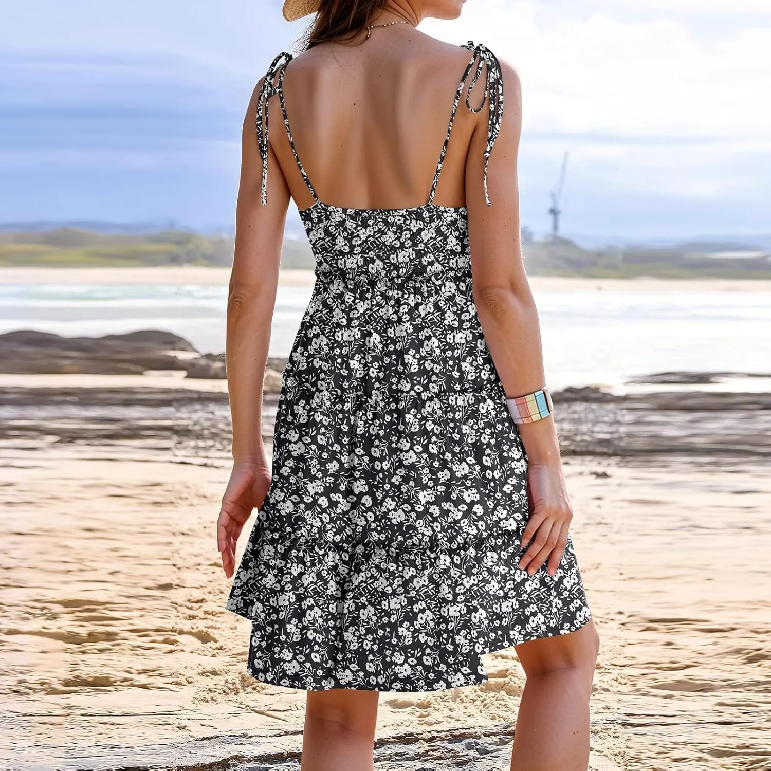Sundress for Women 2025 Summer Casual Travel Vacation Beach Cover Ups Floral Spaghetti Strap Flowy Cute Mini Dress