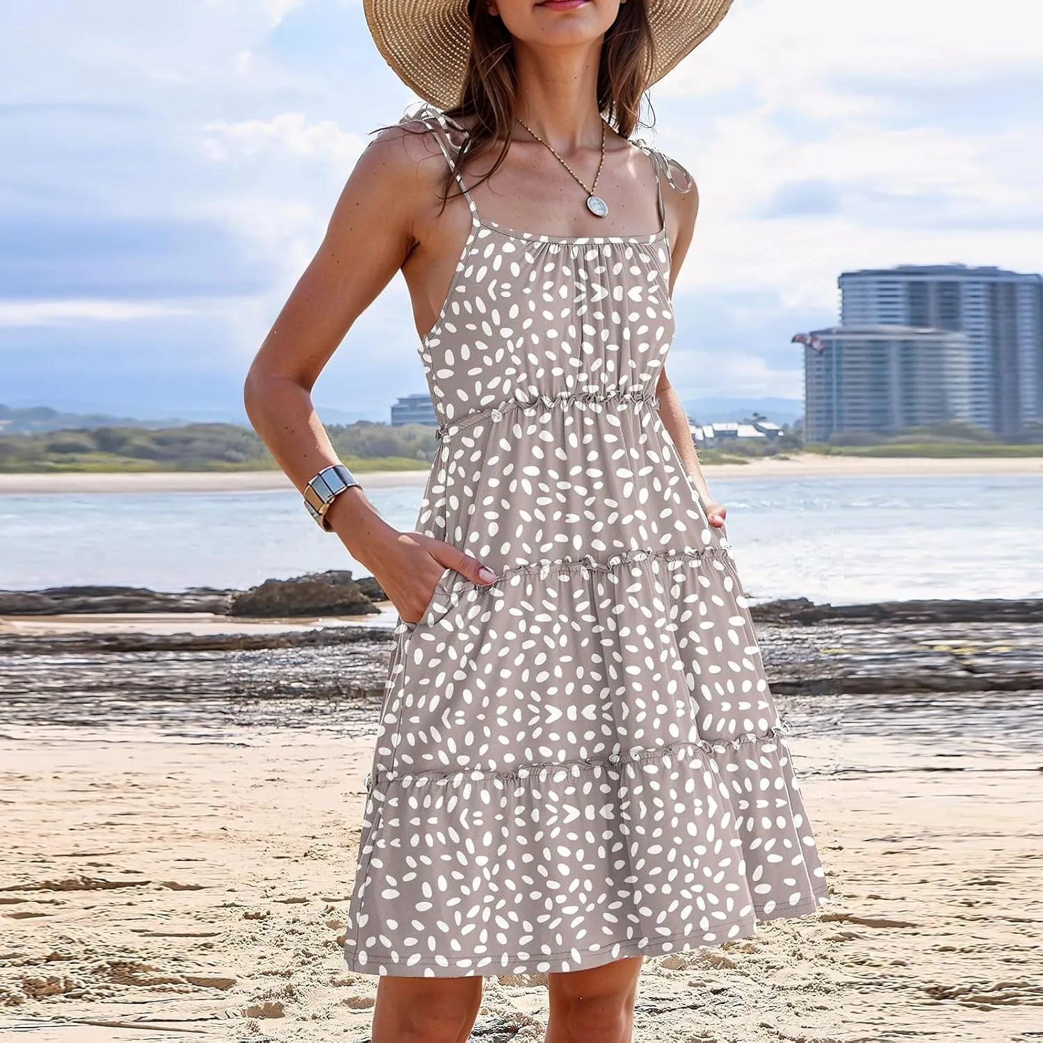 Sundress for Women 2025 Summer Casual Travel Vacation Beach Cover Ups Floral Spaghetti Strap Flowy Cute Mini Dress
