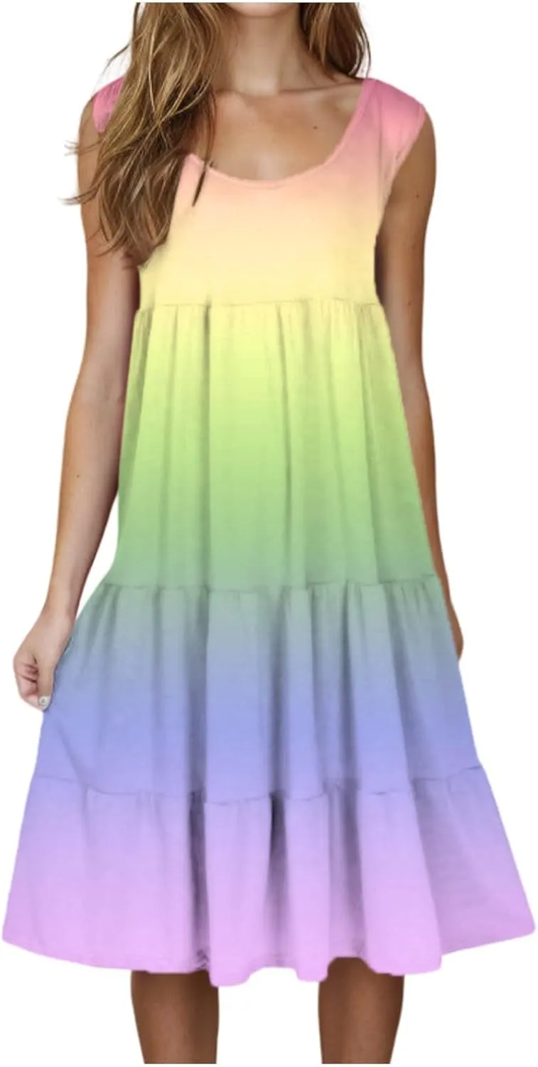Sundresses for Women 2025 Sleeveless Cute Petite Mini Dress Tiered Summer Flowy Boho Sundress Beach Wear
