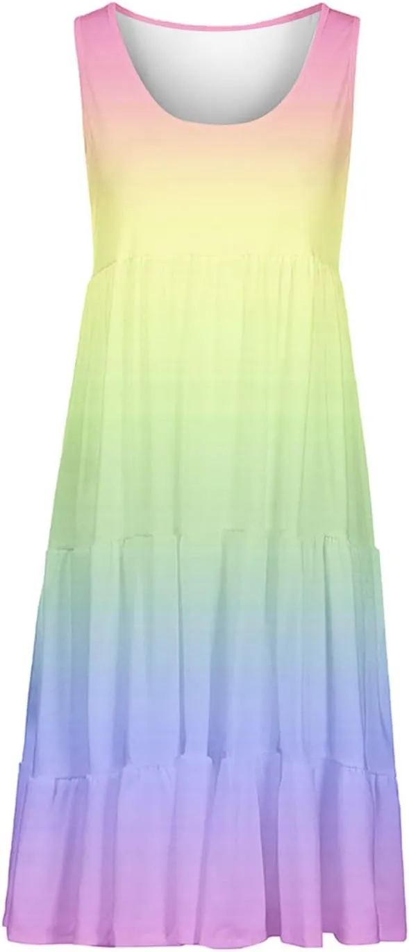 Sundresses for Women 2025 Sleeveless Cute Petite Mini Dress Tiered Summer Flowy Boho Sundress Beach Wear