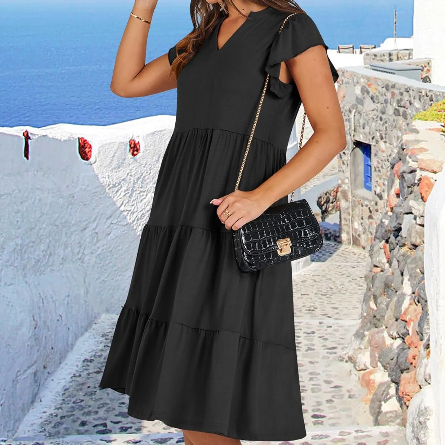 Sundresses for Women 2025 Summer Ruffle Sleeve V Neck Midi Dresses Casual Loose Fit Flowy Tiered Boho Beach Dress