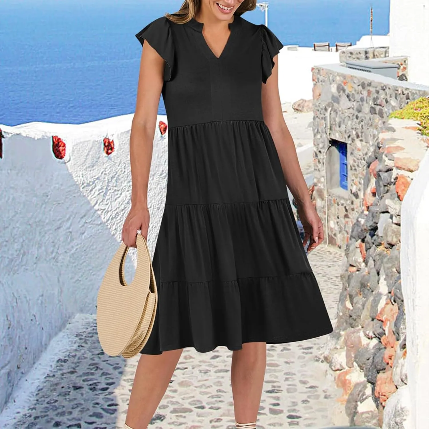 Sundresses for Women 2025 Summer Ruffle Sleeve V Neck Midi Dresses Casual Loose Fit Flowy Tiered Boho Beach Dress