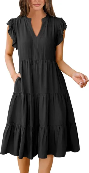 Sundresses for Women 2025 Summer Ruffle Sleeve V Neck Midi Dresses Casual Loose Fit Flowy Tiered Boho Beach Dress