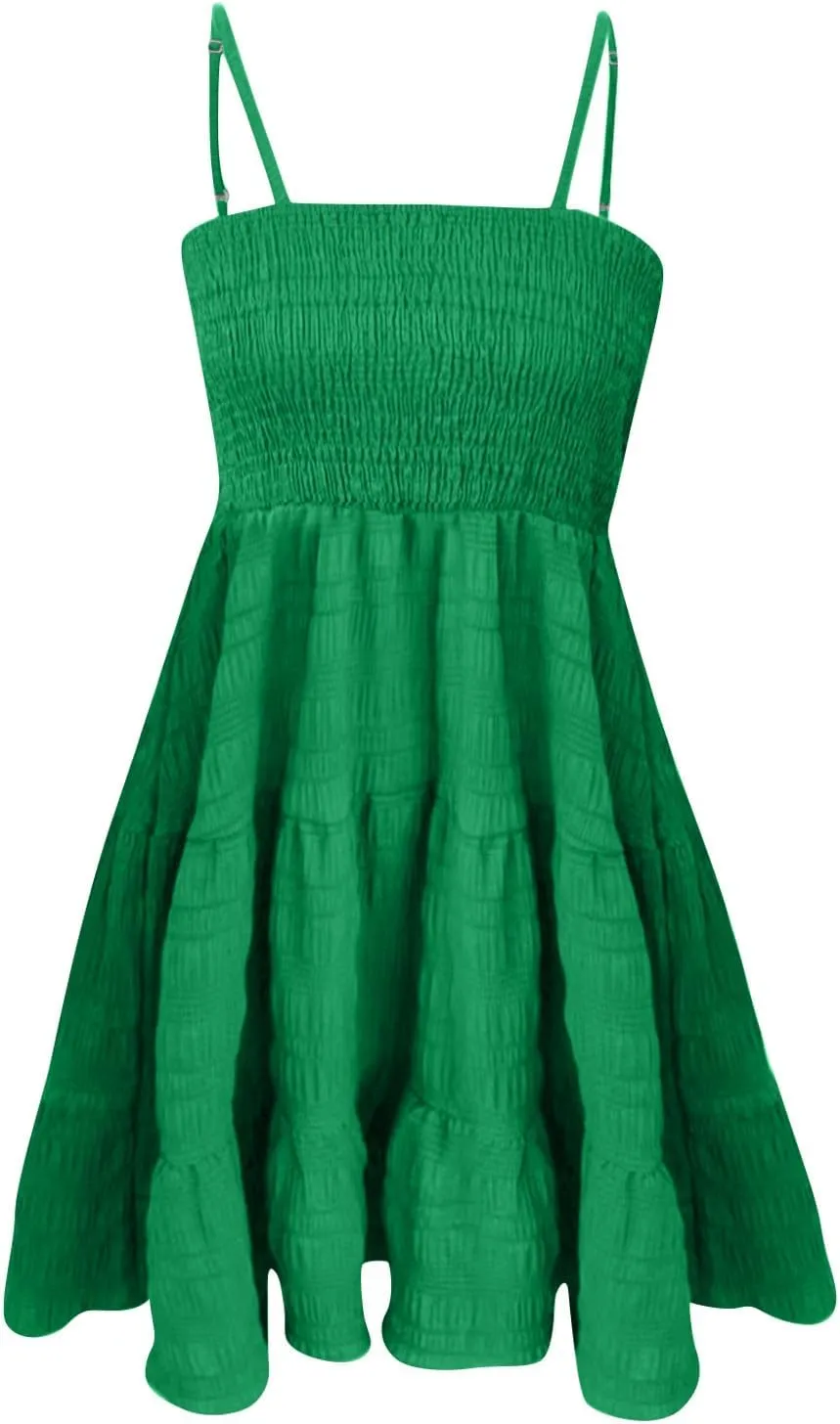 Sundresses for Women Smocked Spaghetti Strap Square Neck Mini Babydoll Dress Casual Summer Flowy Tiered Ruffle Dress