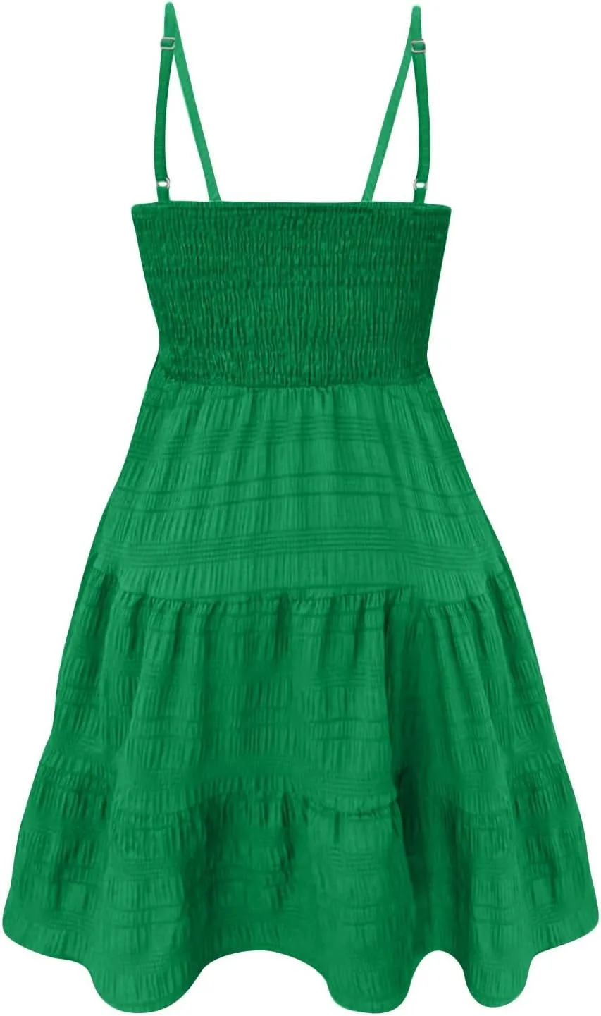 Sundresses for Women Smocked Spaghetti Strap Square Neck Mini Babydoll Dress Casual Summer Flowy Tiered Ruffle Dress